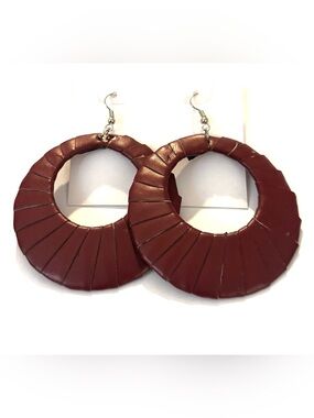 Fashion Jewelry Maroon Leather-Wrapped Hoop Earrings